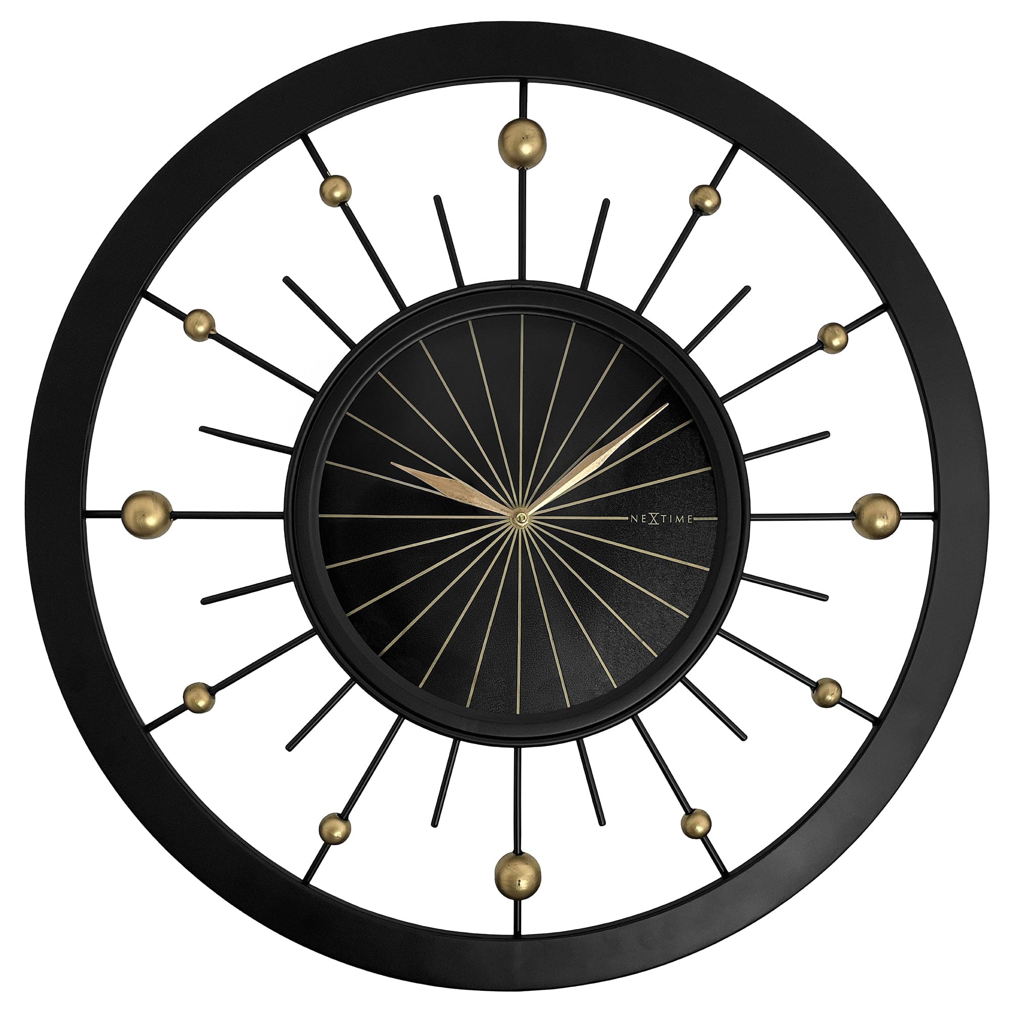 Black NeXtime Orbit wall clock, 60cm diameter, silent metal design, modern style, front view showing clock face and hands.